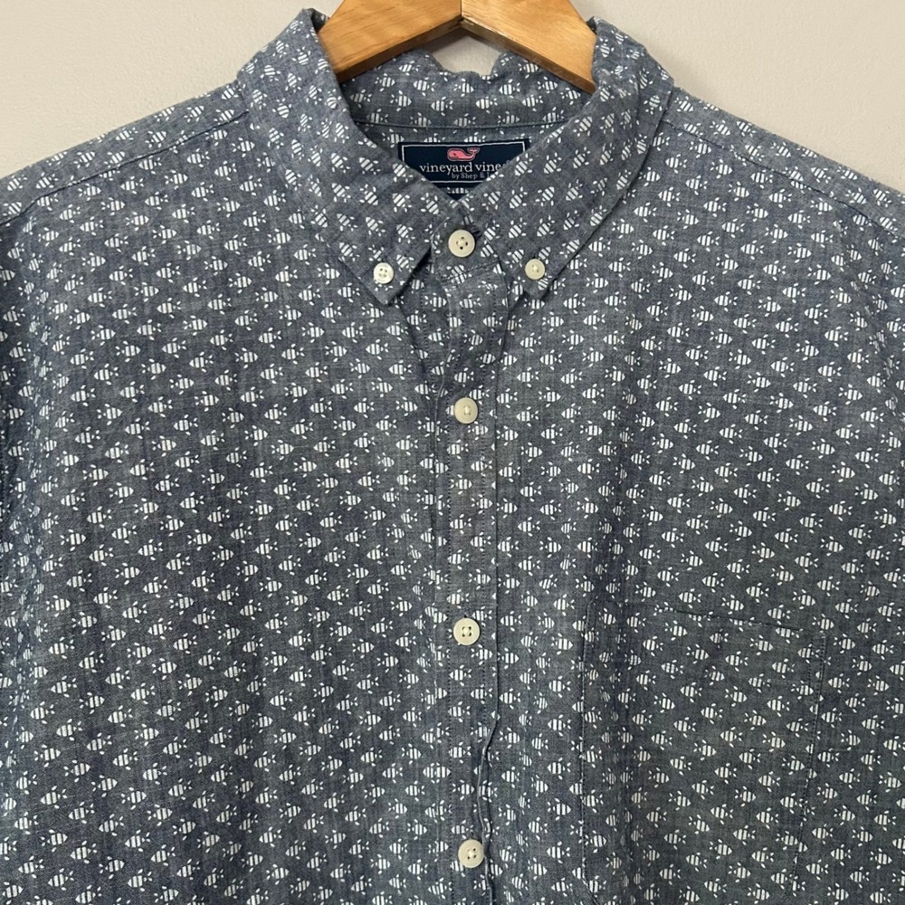 Vineyard Vines Shirt Men XL Gray Fish Print Murray Slim Fit Short Sleeve Stretch